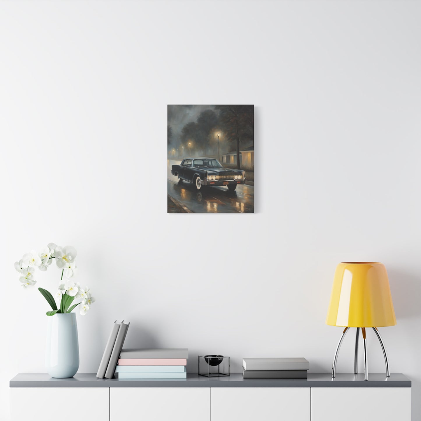 Stylish Stretched Canvas Art: Classic Car in Rainy Night Scene displayed in a modern living room