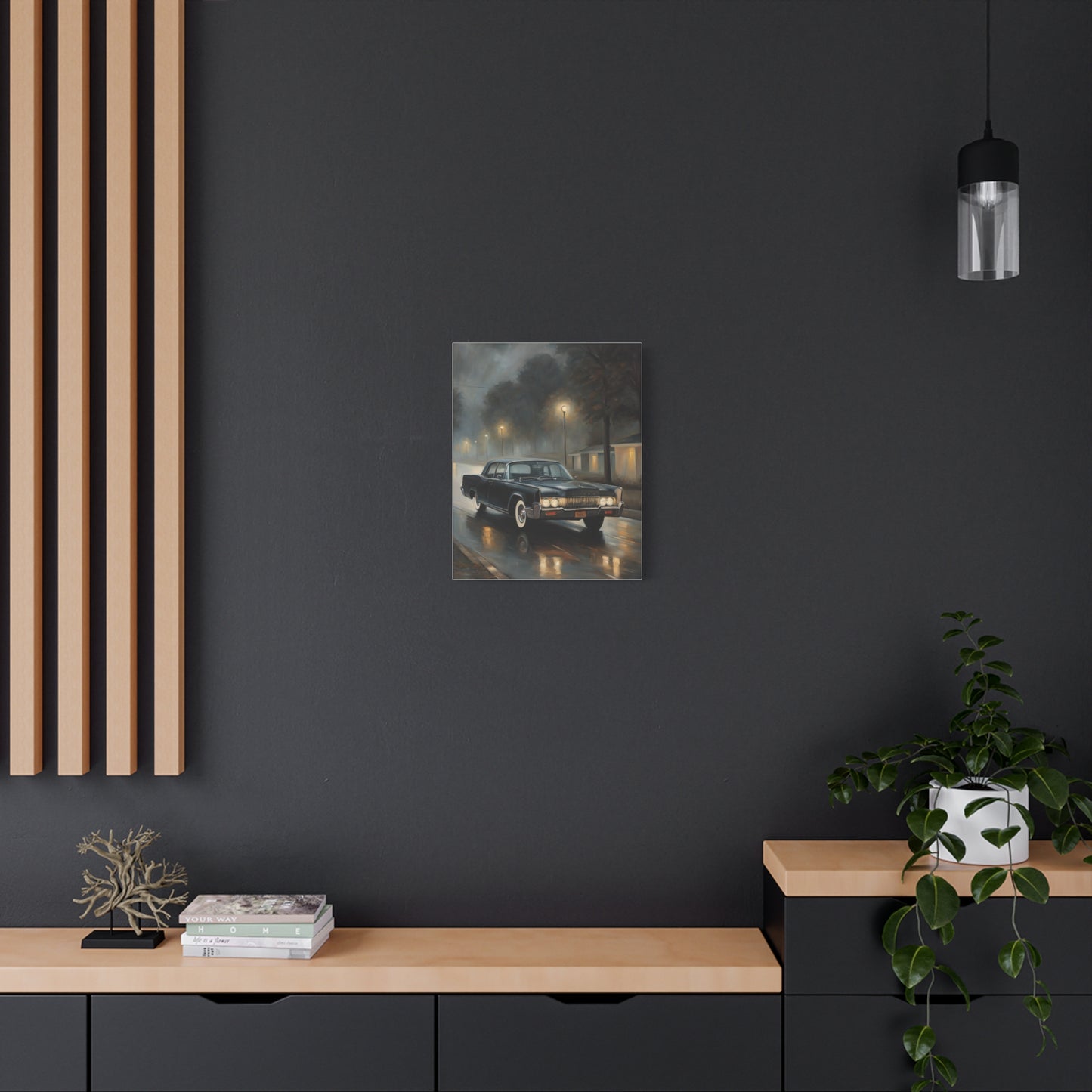 Stylish Stretched Canvas Art: Classic Car in Rainy Night Scene displayed in a modern living room setting