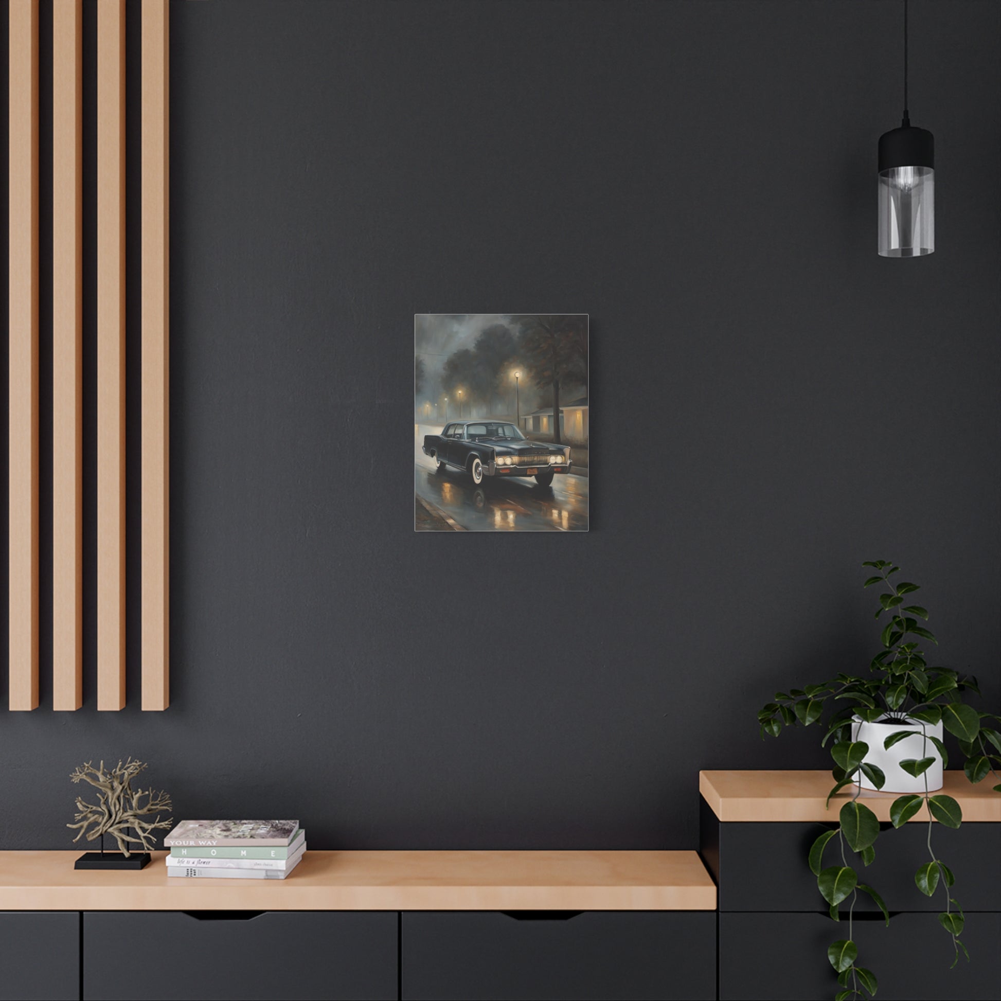 Stylish Stretched Canvas Art: Classic Car in Rainy Night Scene displayed in a modern living room setting