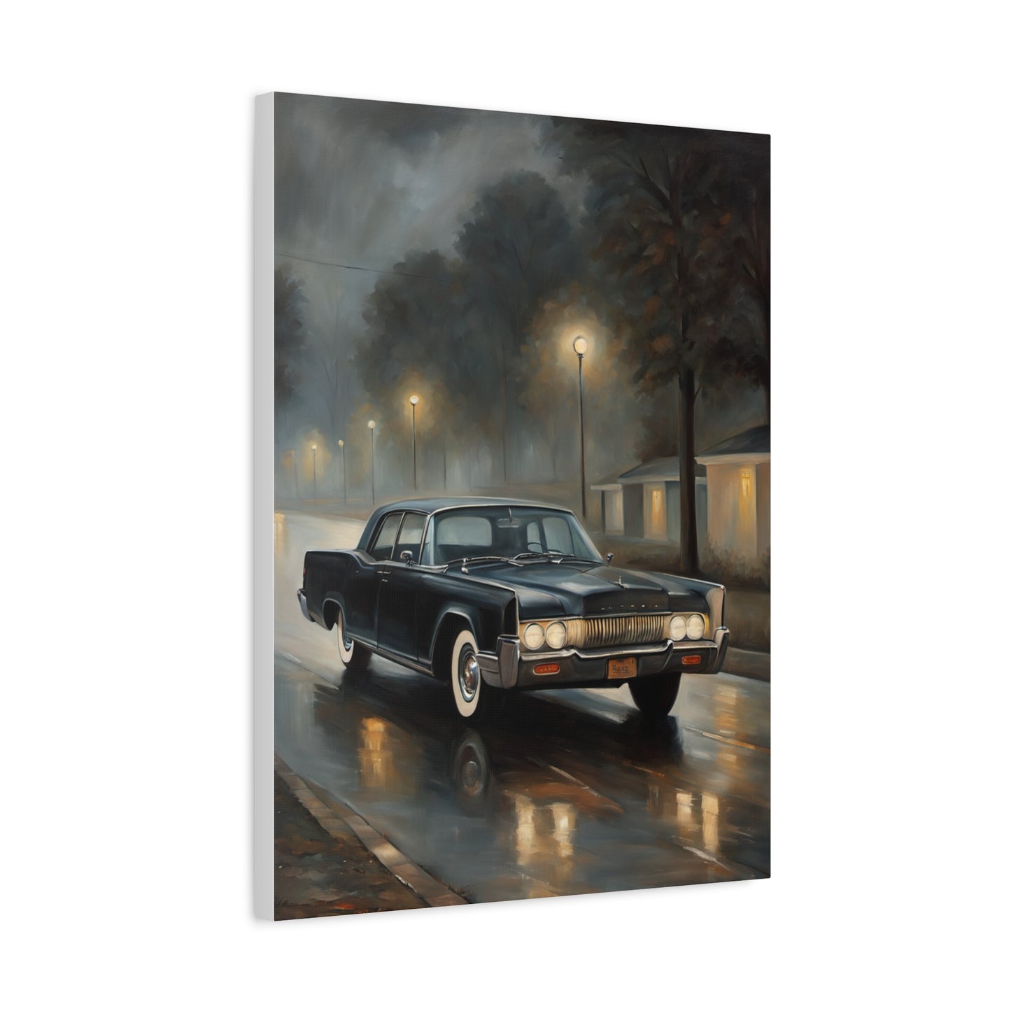 Stylish Stretched Canvas Art: Classic Car in Rainy Night Scene depicting a vintage black car on a wet street