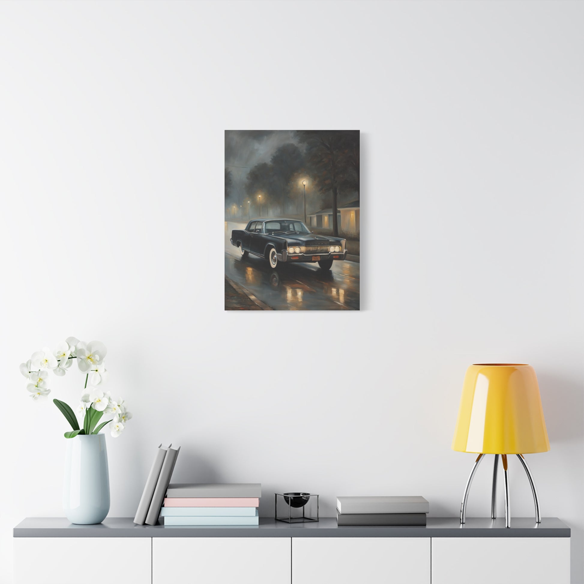 Stylish Stretched Canvas Art: Nostalgic Car in Rainy Night Scene displayed on a modern wall