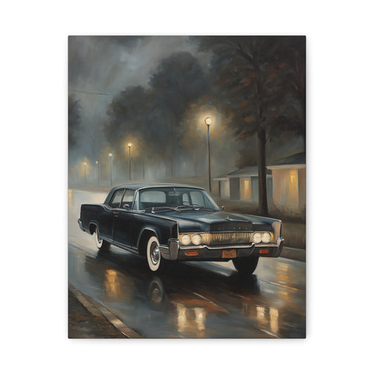 Stylish Stretched Canvas Art: Classic Car in Rainy Night Scene with Reflection on Wet Street