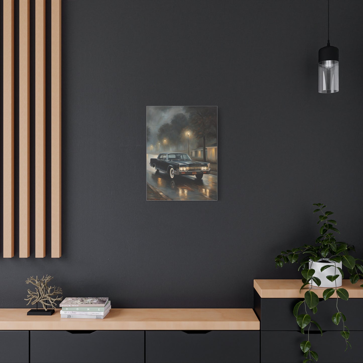 Stylish Stretched Canvas Art: Classic Car in Rainy Night Scene for Home Decor