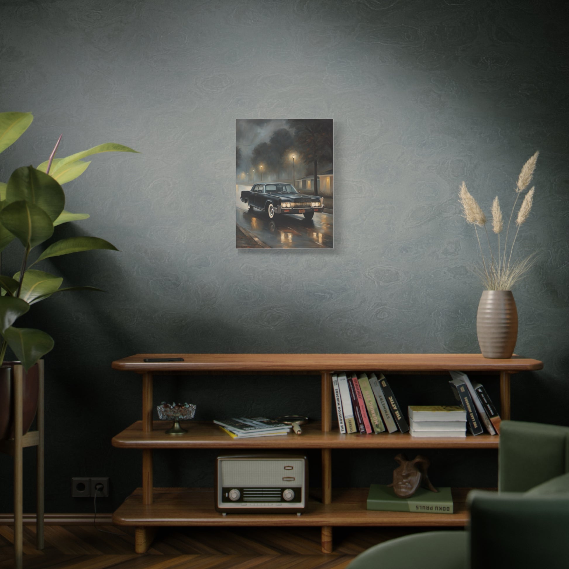 Stylish Stretched Canvas Art: Classic Car in Rainy Night Scene displayed on a wall in a cozy living room