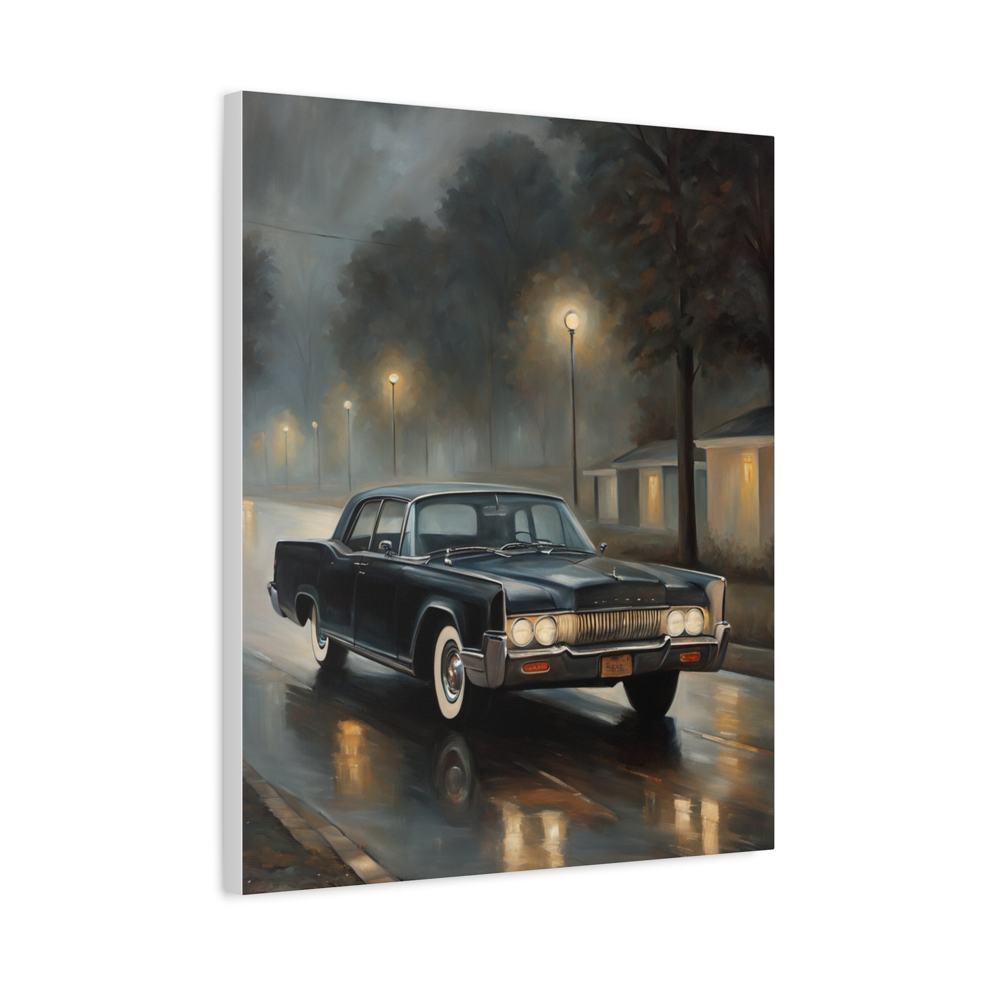 Stylish Stretched Canvas Art: Classic Car in Rainy Night Scene featuring a vintage black car on a wet street