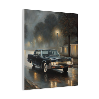 Stylish Stretched Canvas Art: Classic Car in Rainy Night Scene featuring a vintage black car on a wet street
