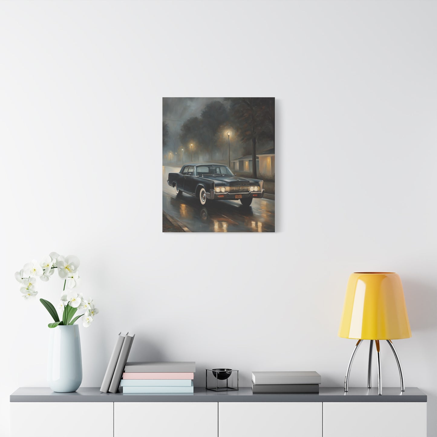 Stylish Stretched Canvas Art: Retro Car in Rainy Night Scene displayed in a modern living room setting