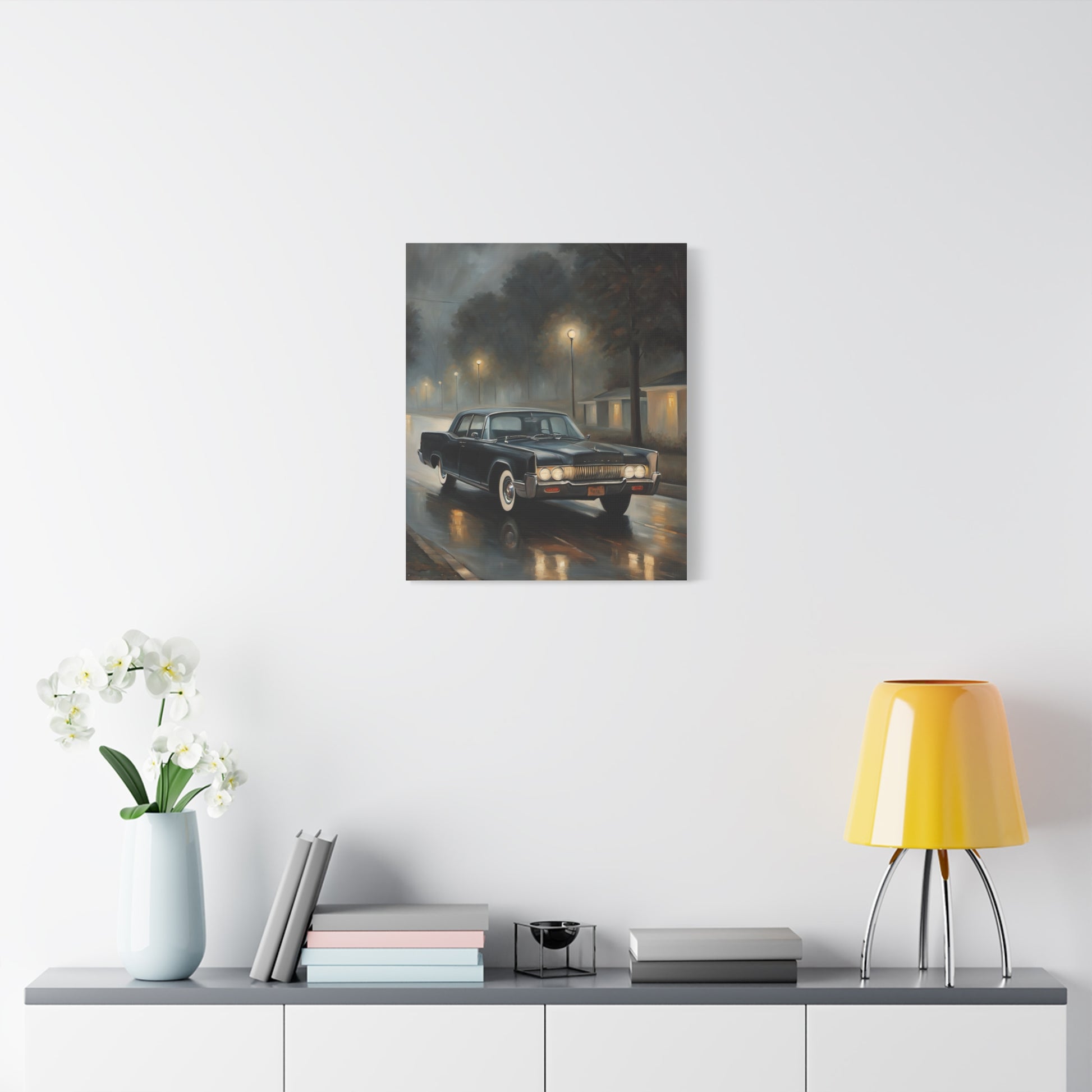 Stylish Stretched Canvas Art: Retro Car in Rainy Night Scene displayed in a modern living room setting