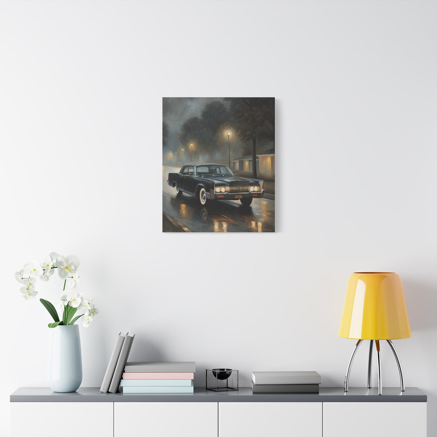 Stylish Stretched Canvas Art: Retro Car in Rainy Night Scene displayed in a modern living room setting