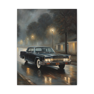 Stylish Stretched Canvas Art: Classic Car in Rainy Night Scene with Reflection on Wet Street
