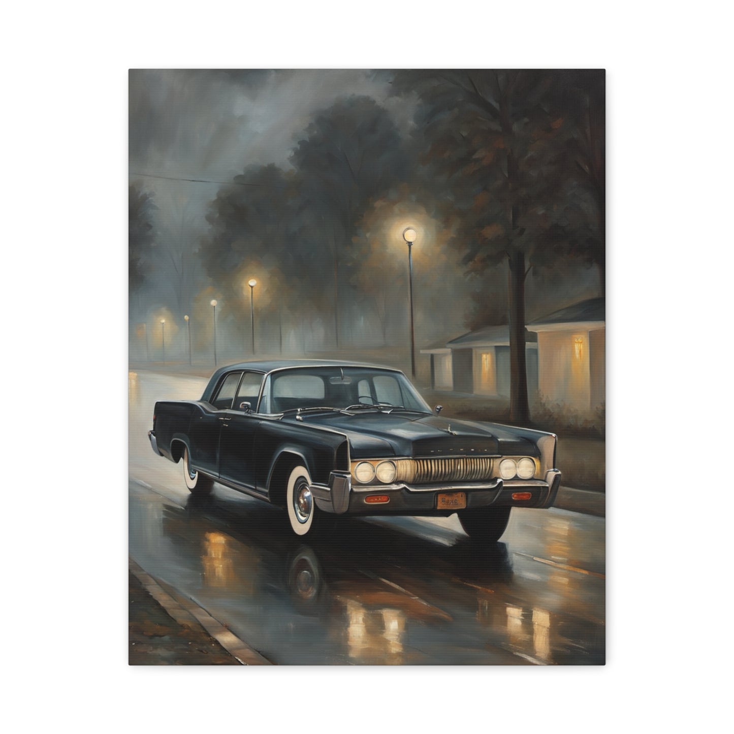 Stylish Stretched Canvas Art: Classic Car in Rainy Night Scene showcasing a vintage vehicle with reflections on wet pavement