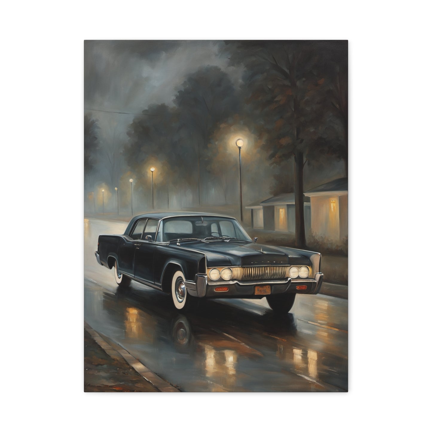 Stylish Stretched Canvas Art: Classic Car in Rainy Night Scene with Reflective Street and Warm Lights