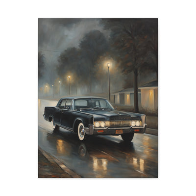 Stylish Stretched Canvas Art: Classic Car in Rainy Night Scene with Reflective Street and Warm Lights