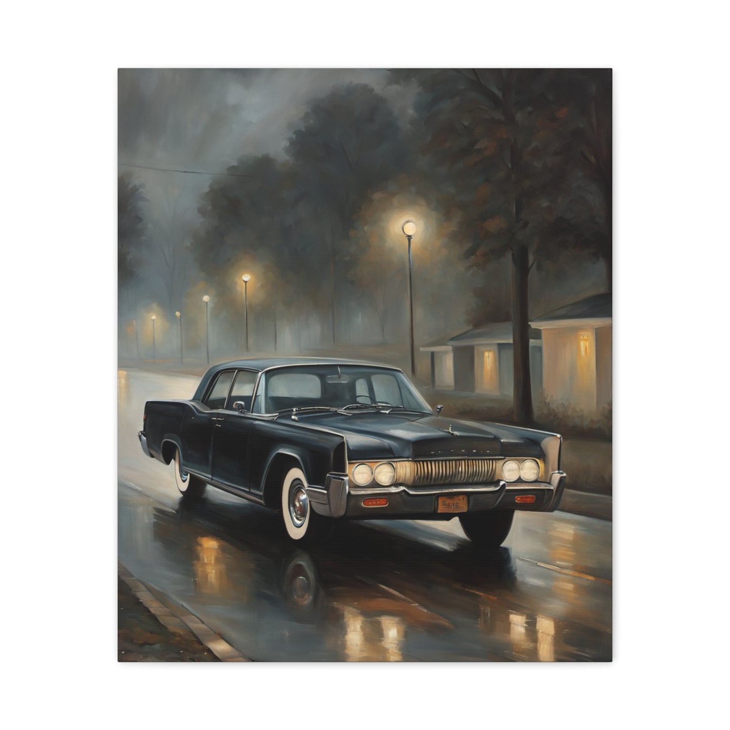 Stylish Stretched Canvas Art: Classic Car in Rainy Night Scene featuring a vintage car on a wet street at night