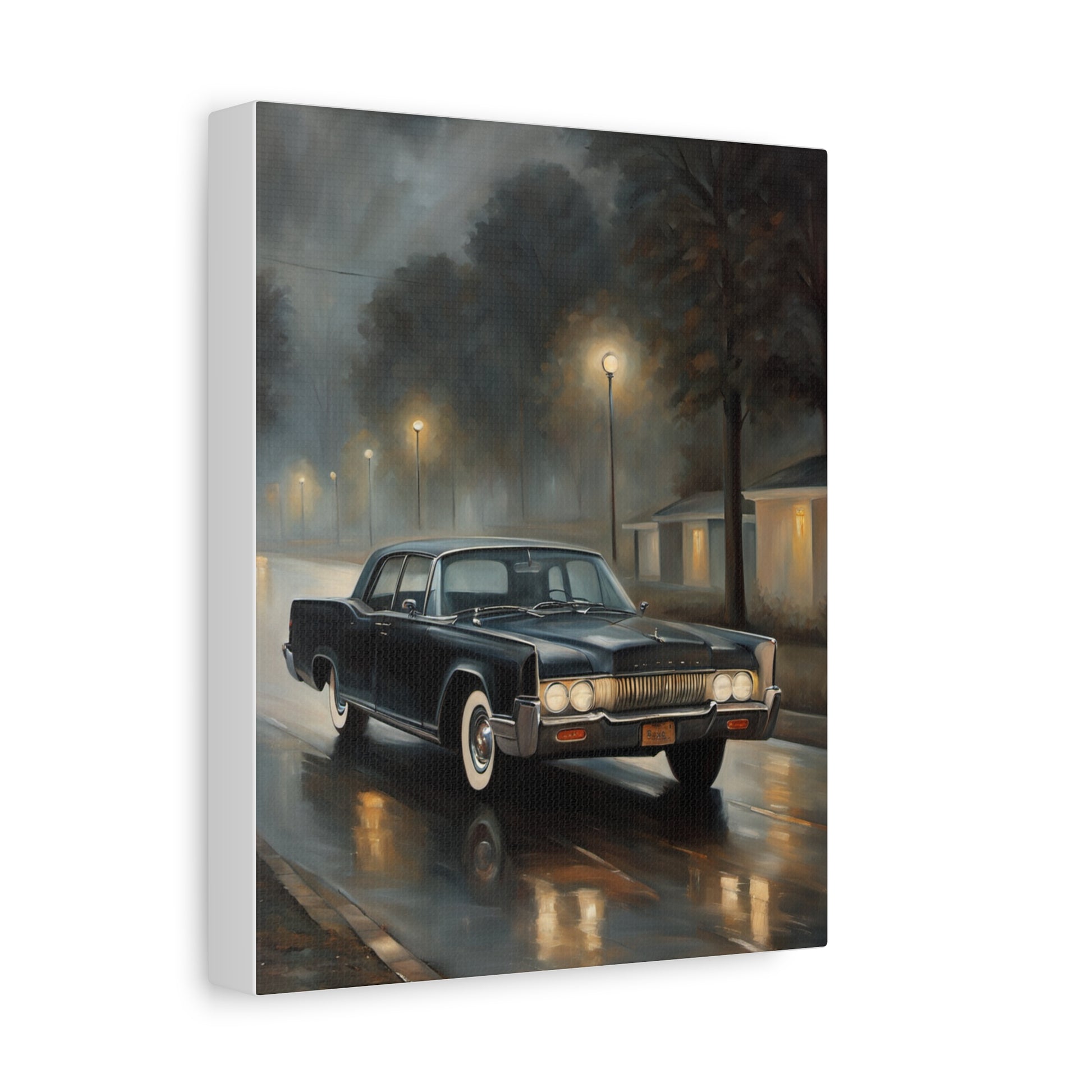 Stylish Stretched Canvas Art: Classic Car in Rainy Night Scene showcasing a black car under streetlights