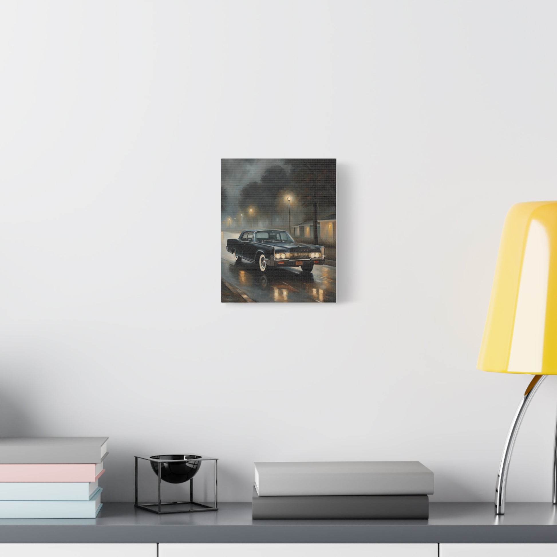 Stylish Stretched Canvas Art: Classic Car in Rainy Night Scene displayed on a modern wall