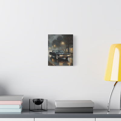 Stylish Stretched Canvas Art: Classic Car in Rainy Night Scene displayed on a modern wall