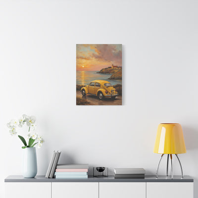 Sunset Coastal Canvas featuring a timeless yellow car by the seaside at sunset