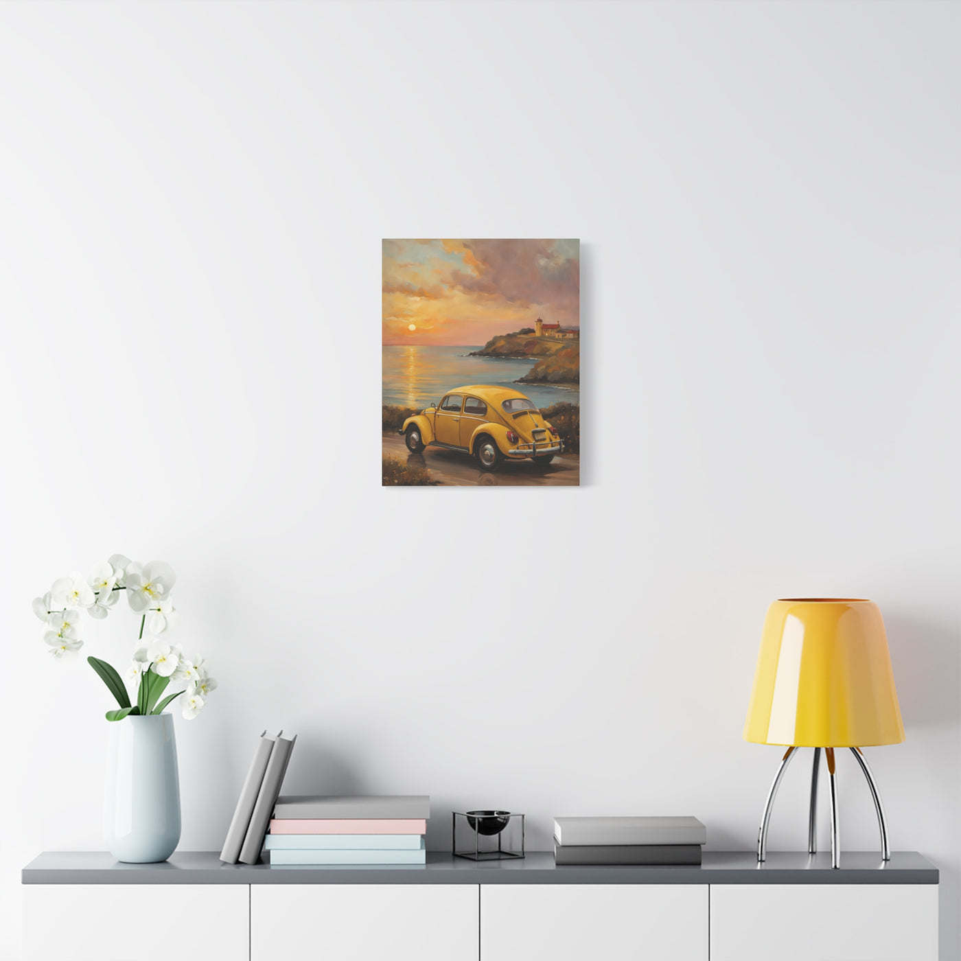 Sunset Coastal Canvas featuring a nostalgic yellow car by the ocean at sunset
