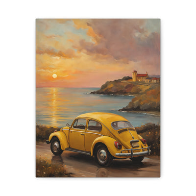 Sunset Coastal Canvas featuring a yellow vintage car by the seaside during sunset