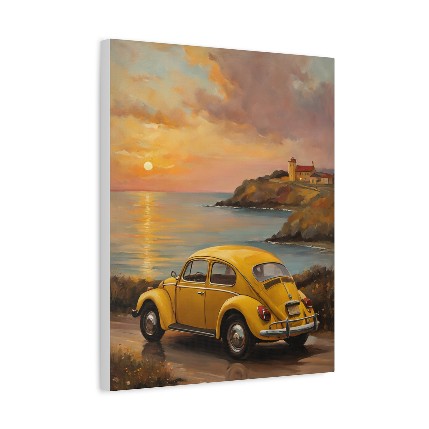 Sunset Coastal Canvas featuring a yellow vintage car by the ocean at sunset with a lighthouse