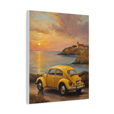 Sunset Coastal Canvas featuring a yellow vintage car by the ocean at sunset with a lighthouse