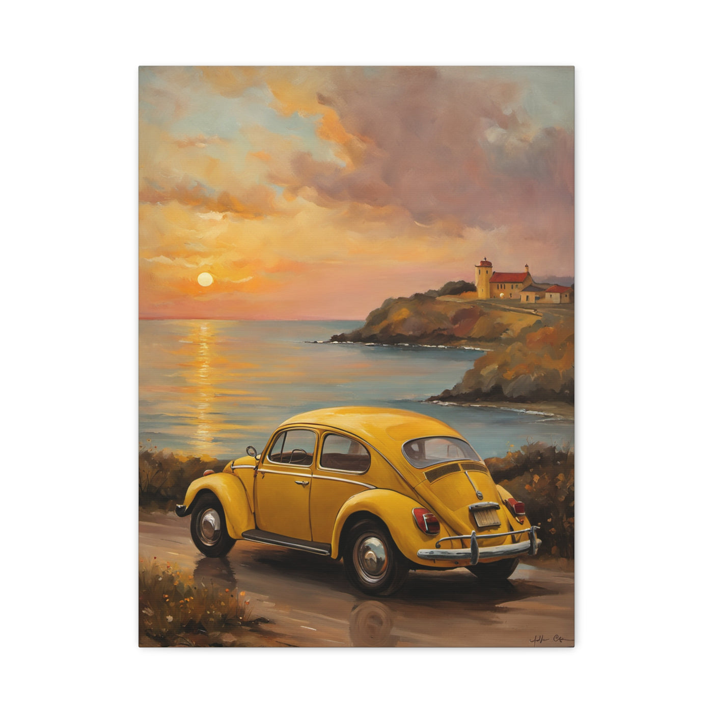 Sunset Coastal Canvas featuring a yellow vintage car by the ocean at sunset with a lighthouse in the background