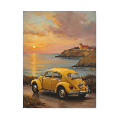 Sunset Coastal Canvas featuring a yellow vintage car by the ocean at sunset with a lighthouse in the background
