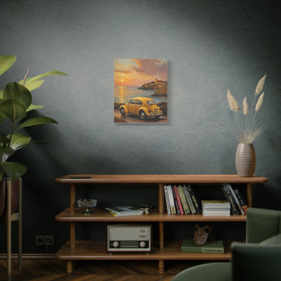 Sunset Coastal Canvas featuring a vintage car by the sea, perfect for home decor