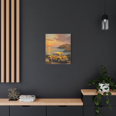 Sunset Coastal Canvas featuring a vintage yellow car by the ocean at sunset