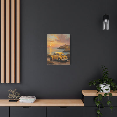 Sunset Coastal Canvas art featuring a vintage yellow car by the beach at sunset