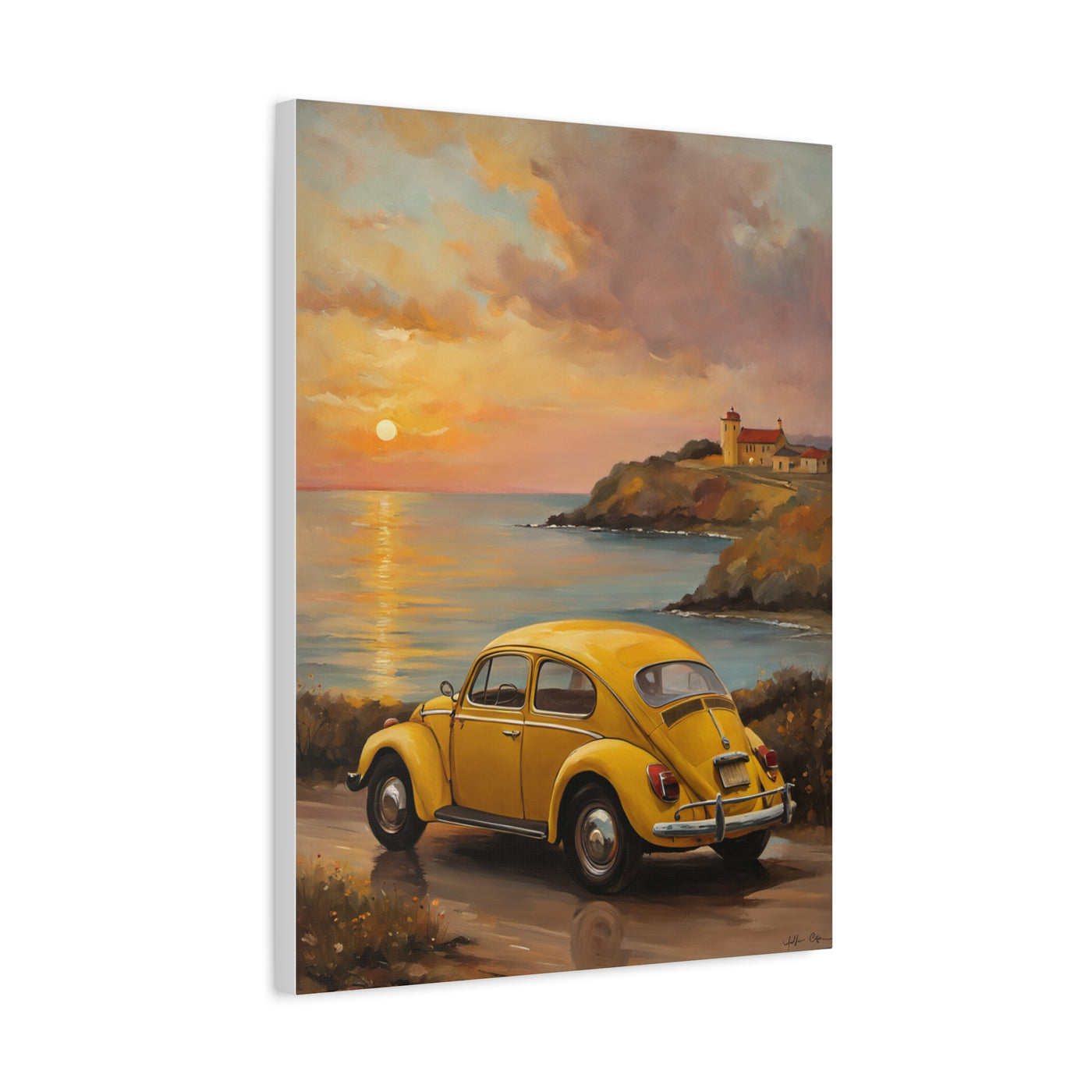 Sunset Coastal Canvas featuring a yellow vintage car by the seaside at sunset