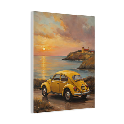 Sunset Coastal Canvas featuring a yellow vintage car by the seaside at sunset