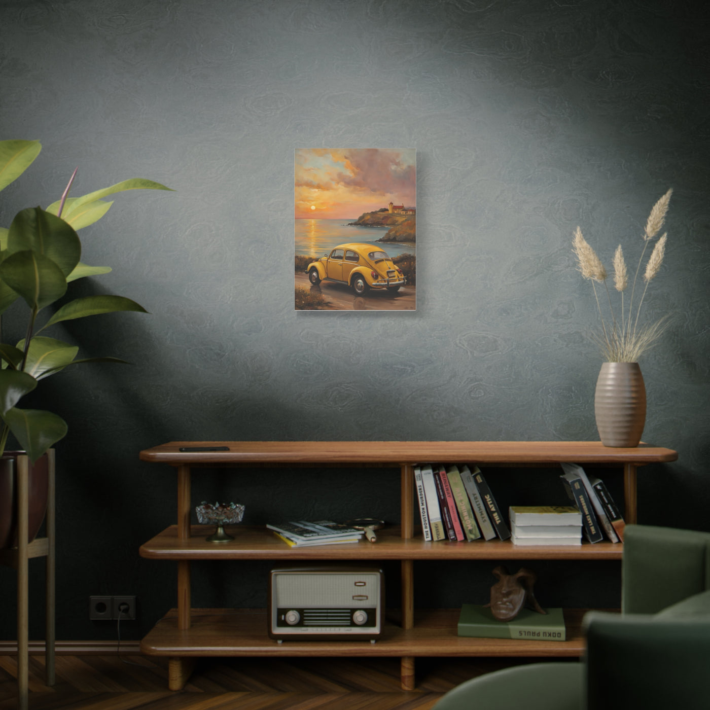 Sunset Coastal Canvas featuring a serene landscape with a vintage car and vibrant sunset hues