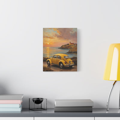 Sunset Coastal Canvas featuring a classic yellow car by the ocean at sunset