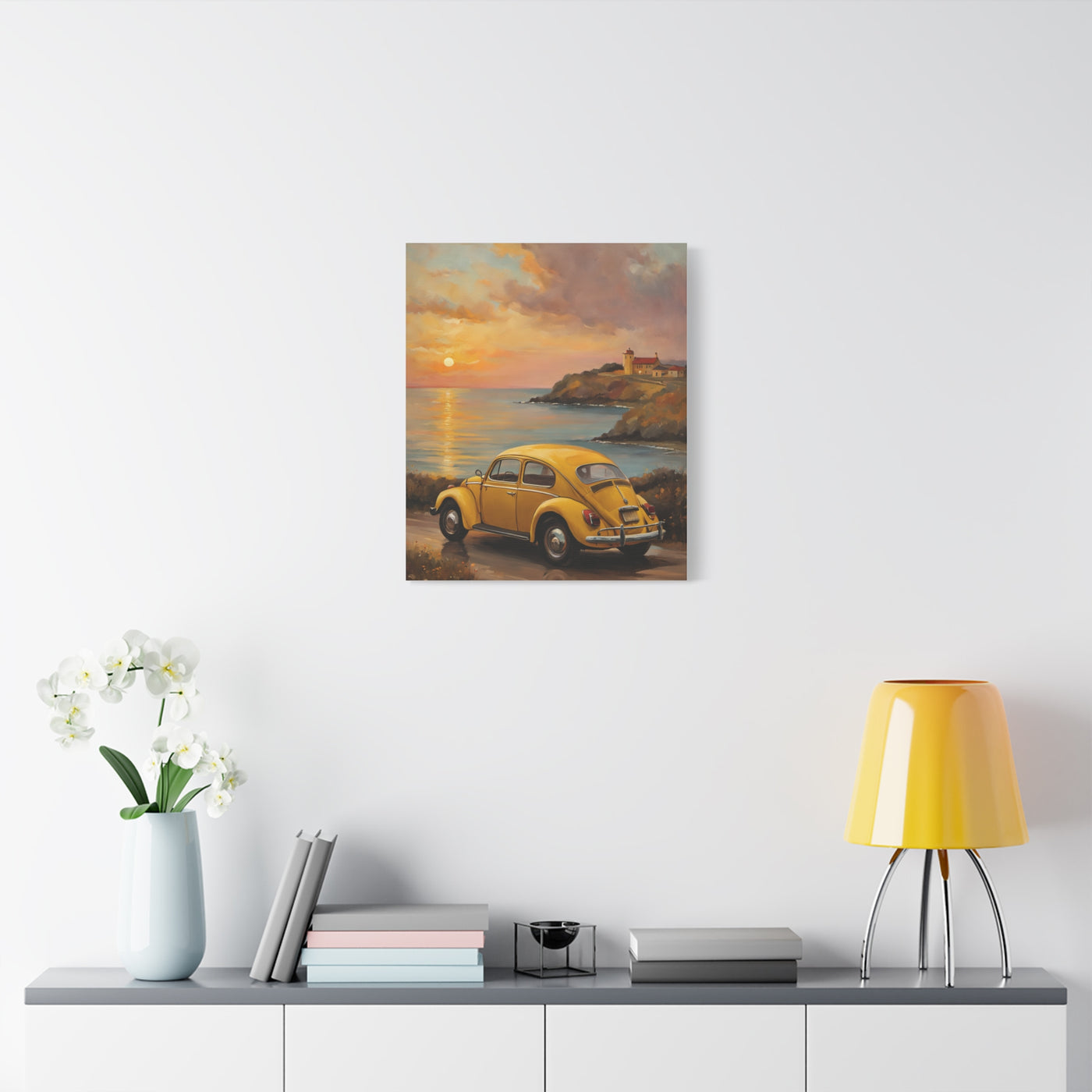 Sunset Coastal Canvas featuring a vintage yellow car by the seaside at sunset