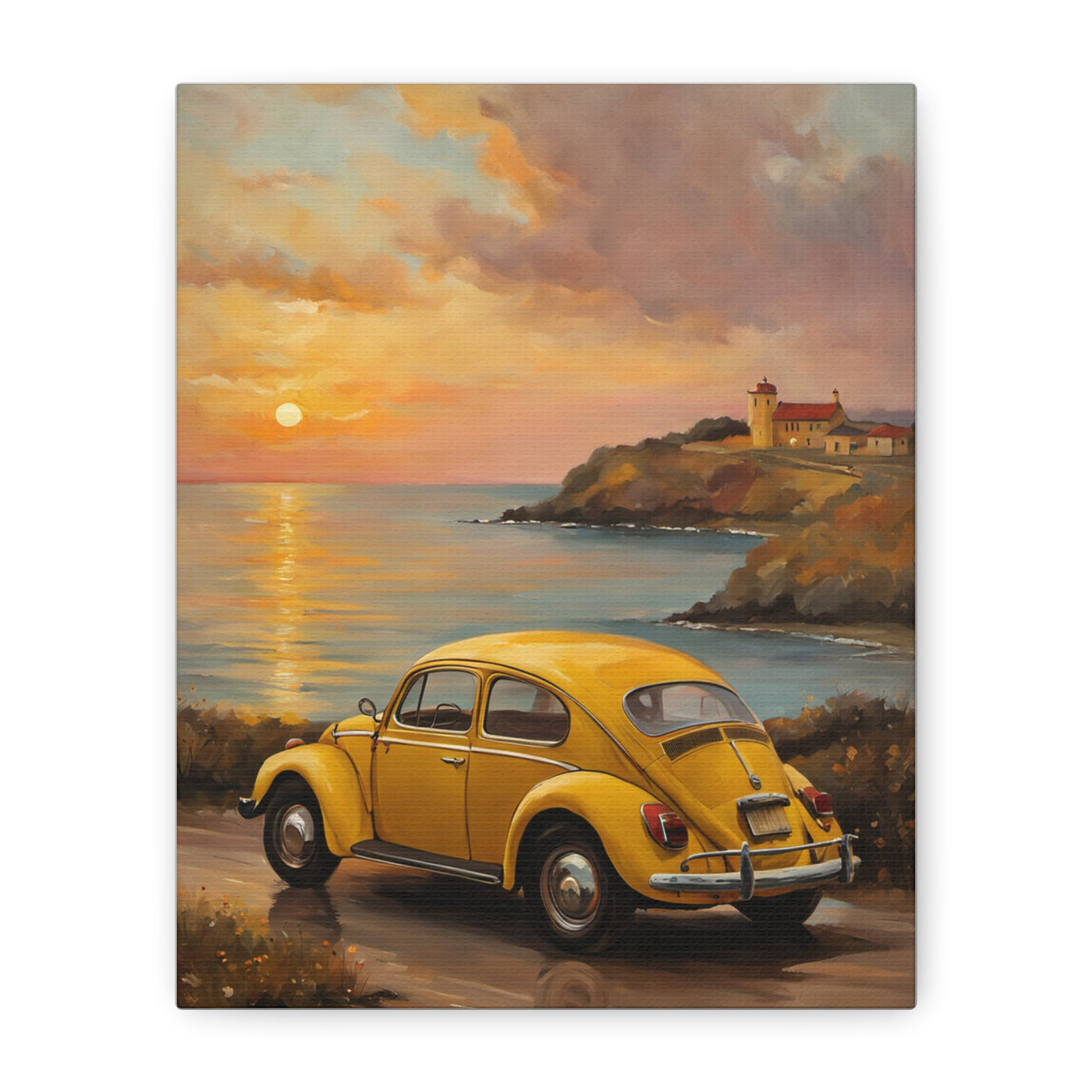 Sunset Coastal Canvas featuring a vintage yellow car by the seaside at sunset with a lighthouse