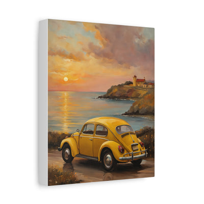 Sunset Coastal Canvas featuring a classic yellow car by the seaside at sunset