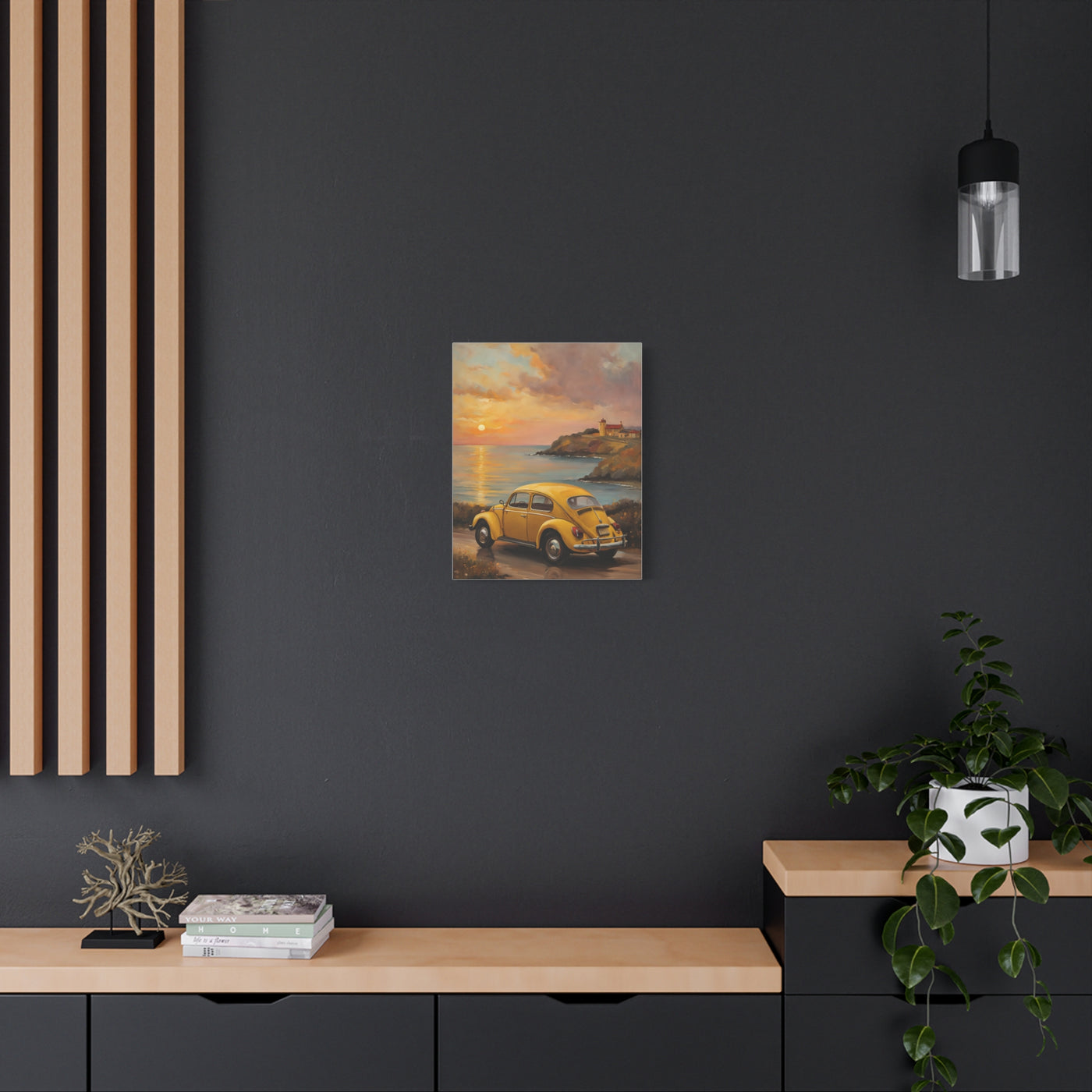 Sunset Coastal Canvas featuring a colorful beach scene with a yellow car and ocean view