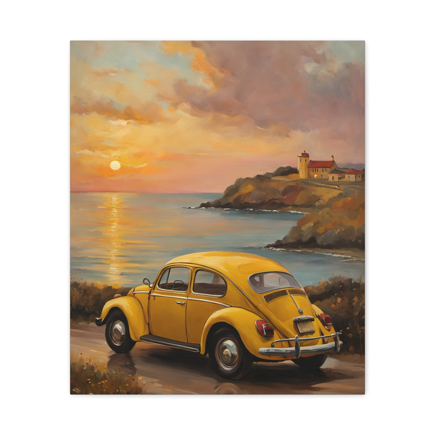 Sunset Coastal Canvas featuring a scenic view with a vintage yellow car and lighthouse at sunset