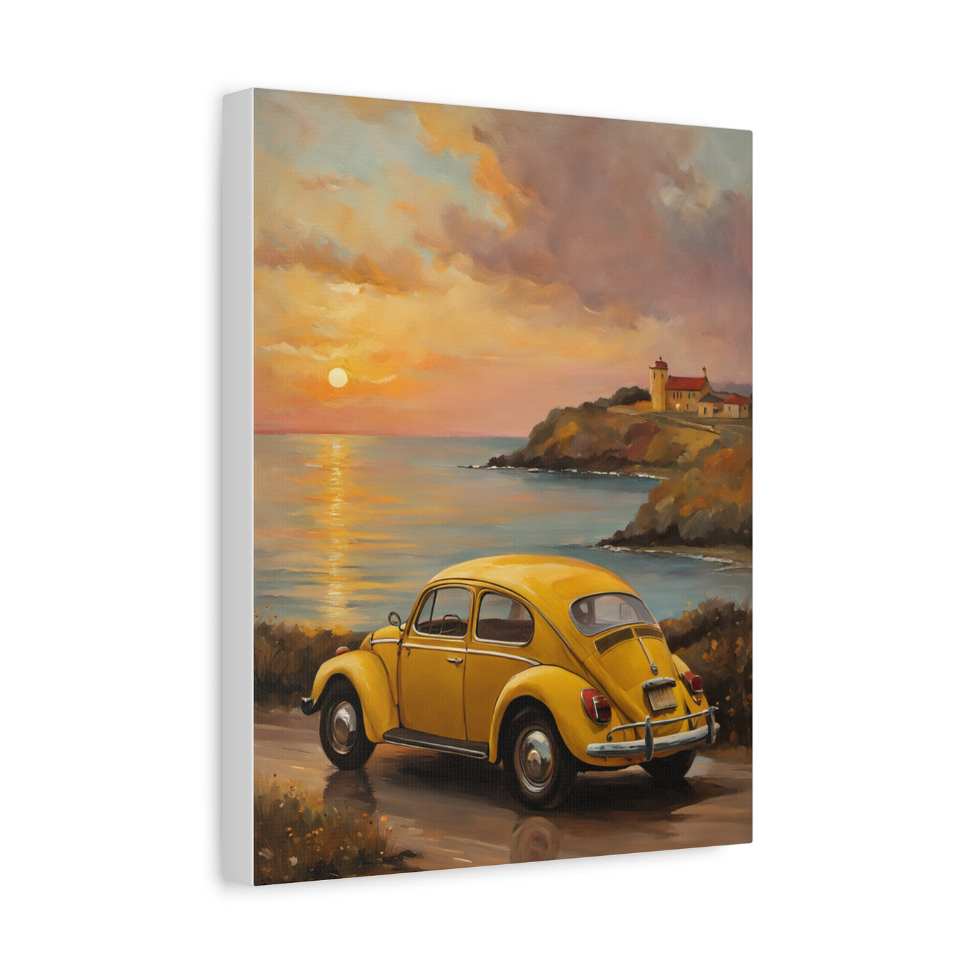 Sunset Coastal Canvas featuring a yellow car by the beach with a lighthouse at sunset
