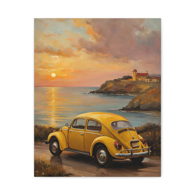 Sunset Coastal Canvas featuring a classic yellow car parked by the ocean during a vibrant sunset