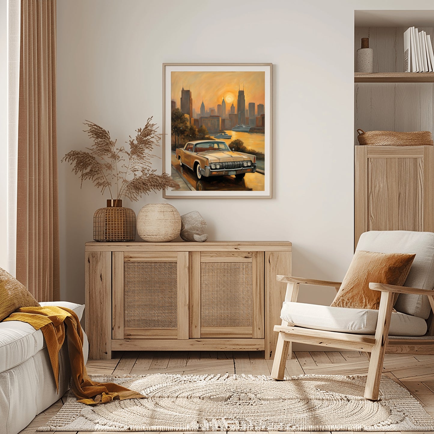 Framed sunset skyline oil painting print hanging above wooden cabinet in cozy living room