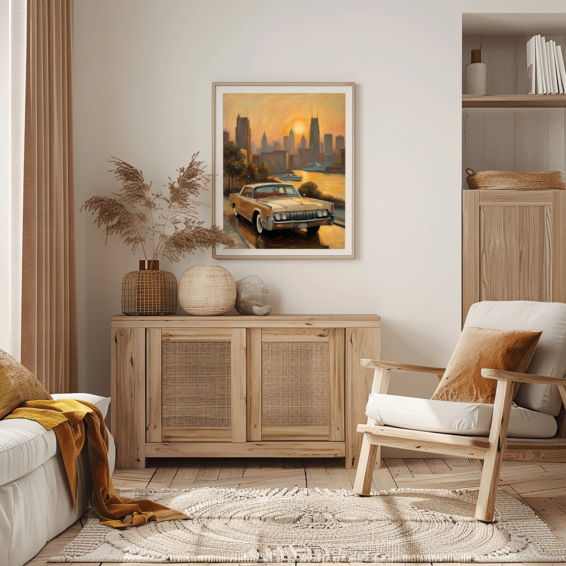 Framed sunset skyline oil painting print hanging above wooden cabinet in cozy living room