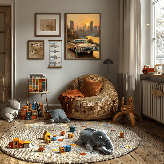 Cozy kids playroom with a sunset skyline oil painting print by AquilVision featuring a vintage car and cityscape on the wall