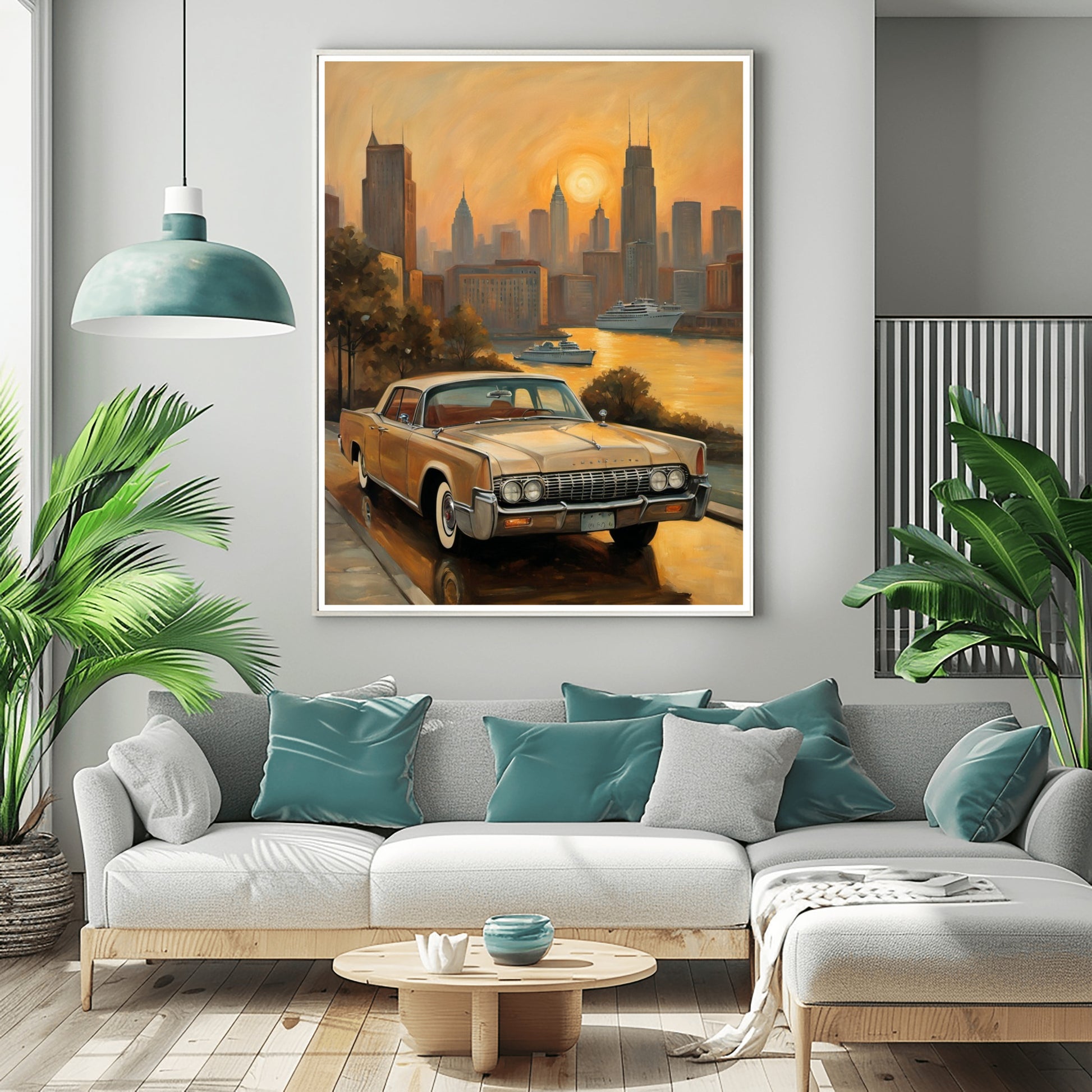 Sunset skyline oil painting print by AquilVision featuring vintage car and cityscape in warm tones