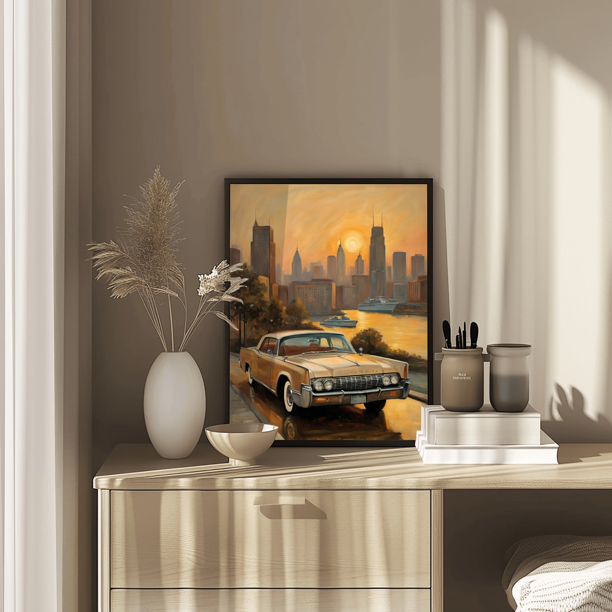 Sunset skyline oil painting print by AquilVision featuring classic car and cityscape on wall shelf
