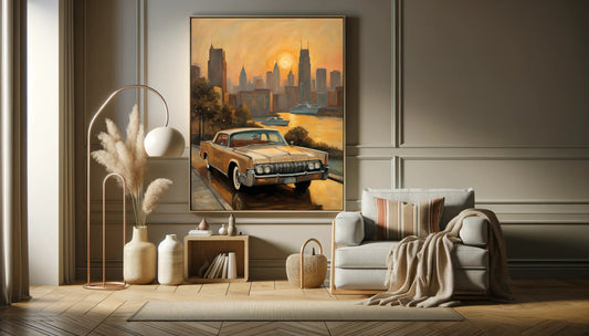 Sunset skyline oil painting print showcasing a classic car and cityscape in warm tones by AquilVision