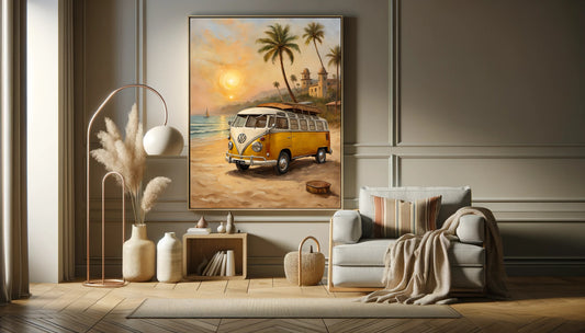 Surf van oil painting print of a vintage yellow van on a tropical beach at sunset hanging in modern living room