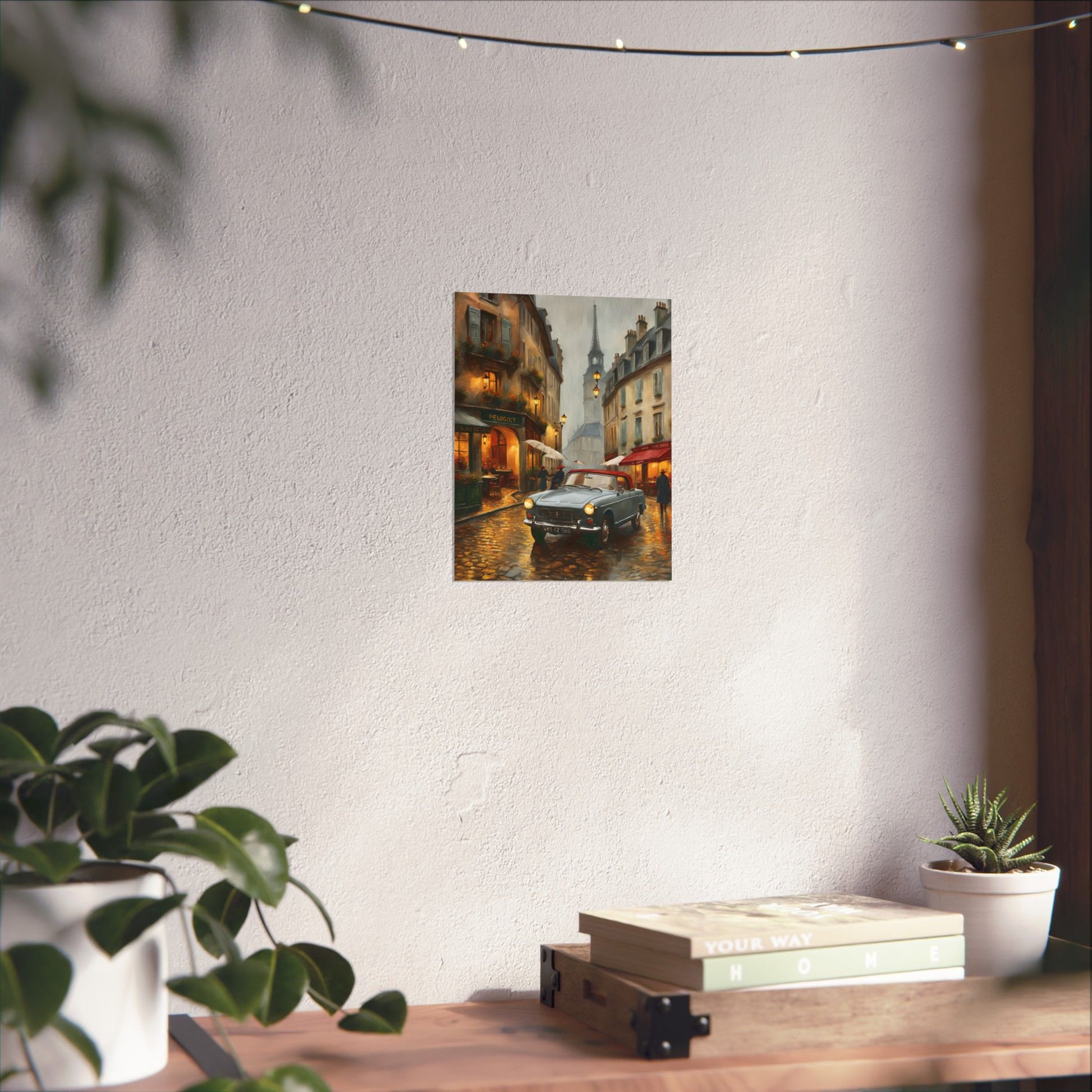 Vintage car art travel gift poster depicting a street scene with lights and reflections